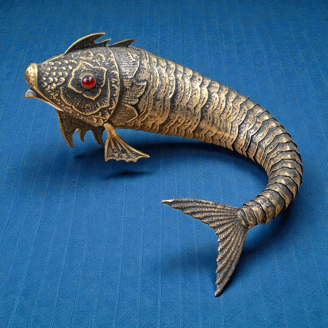 Poisson en Argent Ciselé avec Corps Articulé et Flexible - Espagne, XXe siècle-photo-1